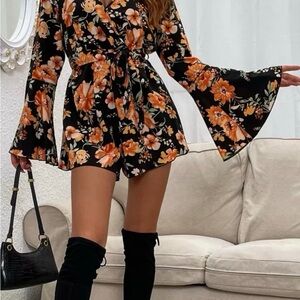 SHEIN Clasi Allover Floral Print Bell Sleeve Belted Romper